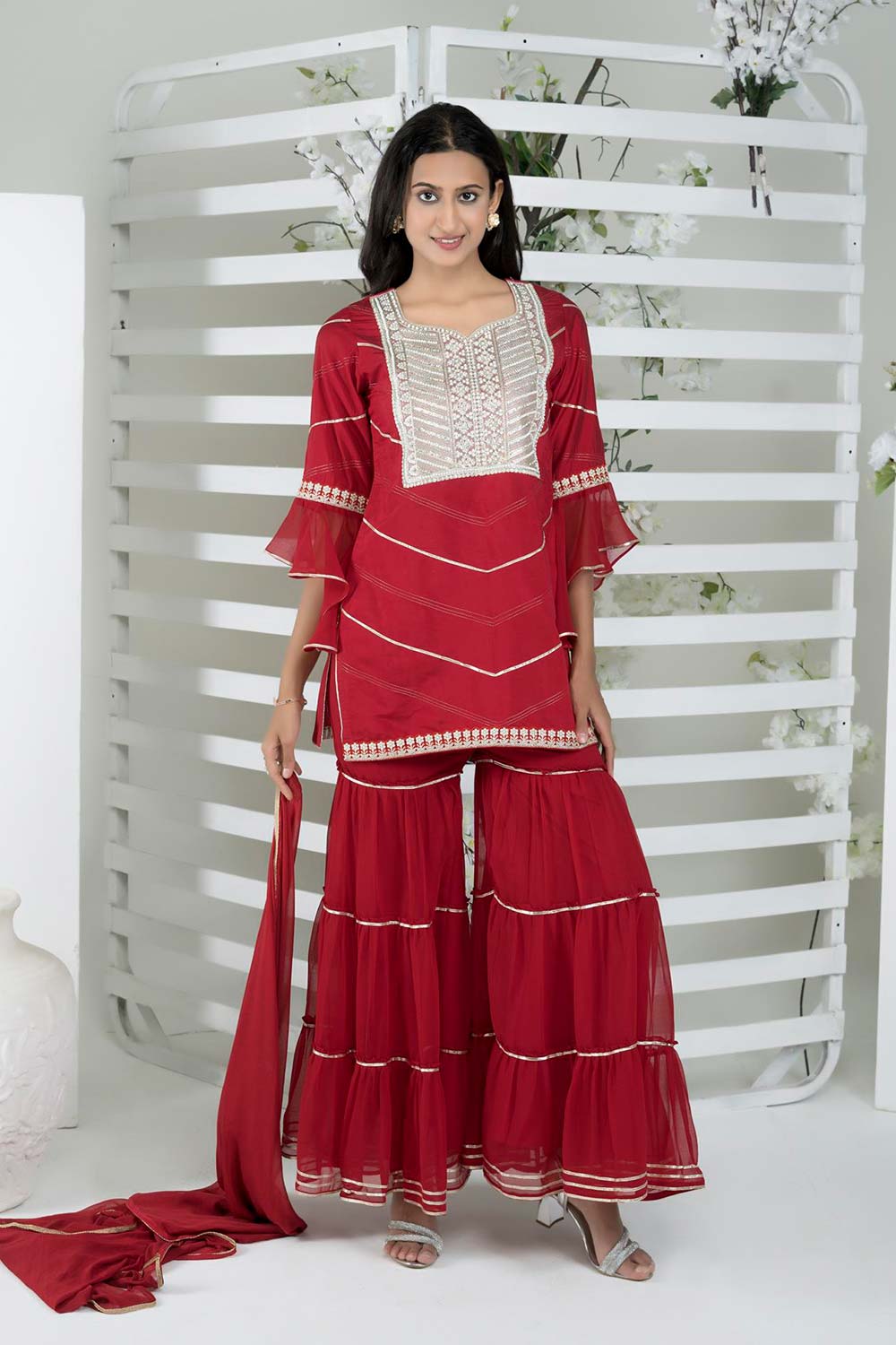 Maroon Cotton Stitched Straight Cut Sharara Kurti Dupatta Readymade Suits