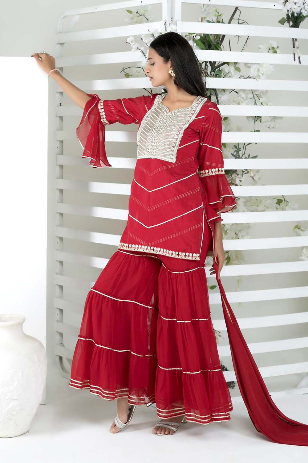 Maroon Cotton Stitched Straight Cut Sharara Kurta Dupatta Readymade Suits