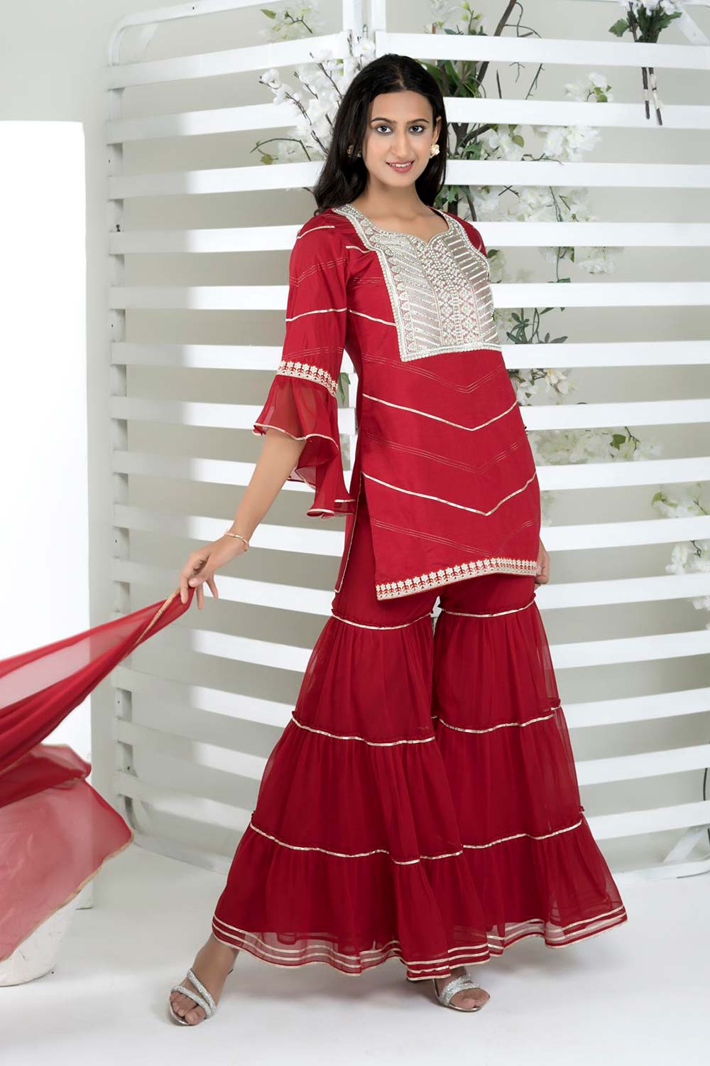 Maroon Cotton Stitched Straight Cut Sharara Kurti Dupatta Readymade Suits