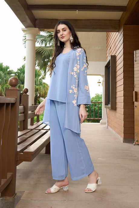 Blue Hand Embroidery Art Silk Jacket Styles Kurta