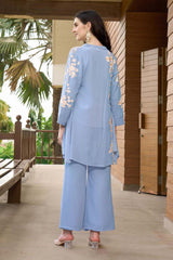 Blue Hand Embroidery Art Silk Jacket Styles Kurta