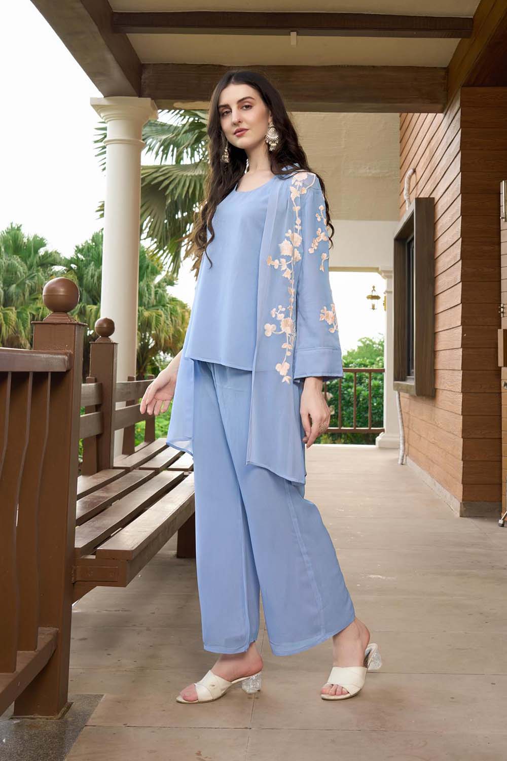 Blue Hand Embroidery Art Silk Jacket Styles Culottes Kurta Set