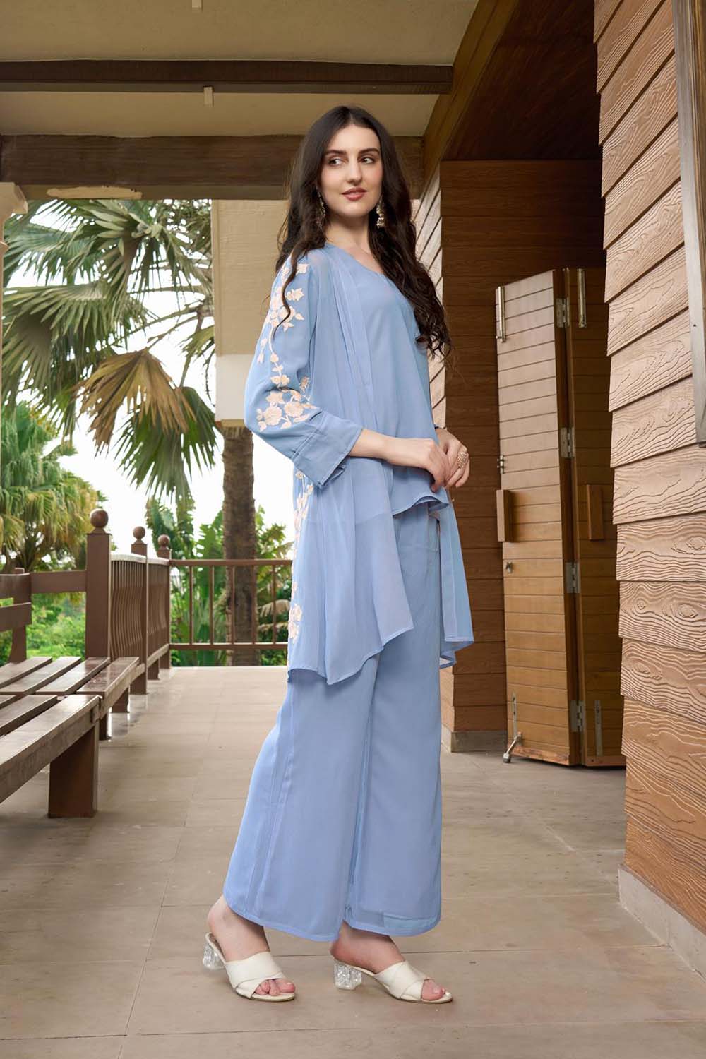 Blue Hand Embroidery Art Silk Jacket Styles Culottes Kurta Set