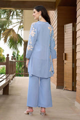 Blue Hand Embroidery Art Silk Jacket Styles Culottes Kurti Set