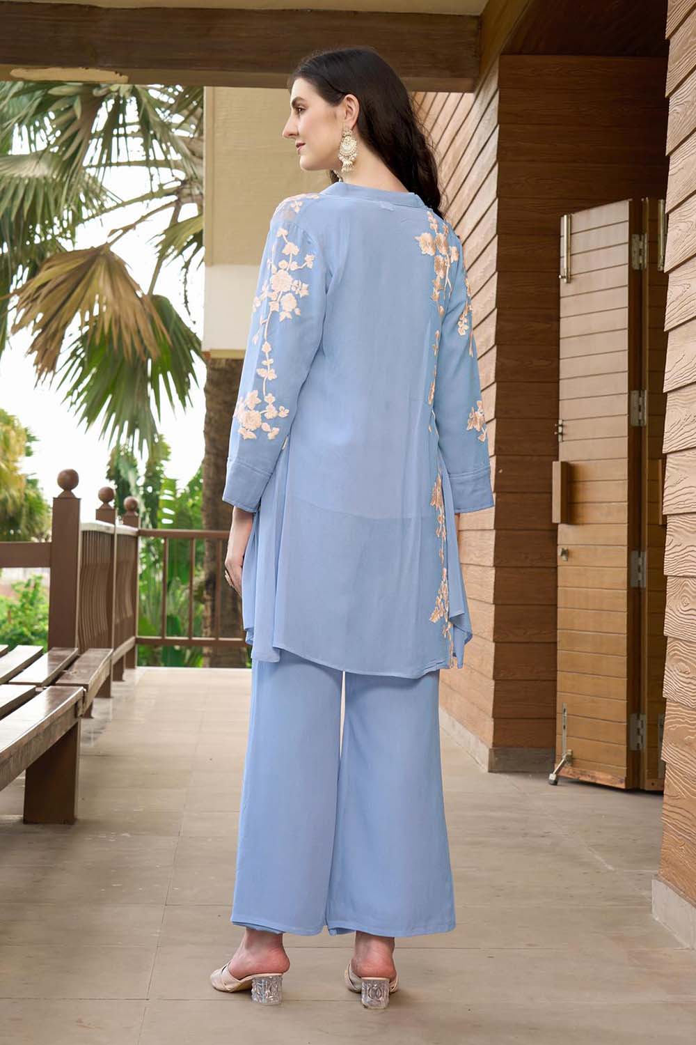 Hand Embroidery Art Silk Jacket Styles Culottes Kurti Set