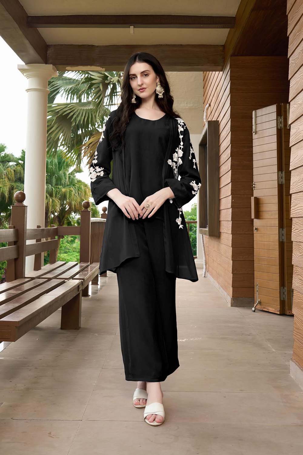 Black Hand Embroidery Art Silk Jacket Styles Kurti