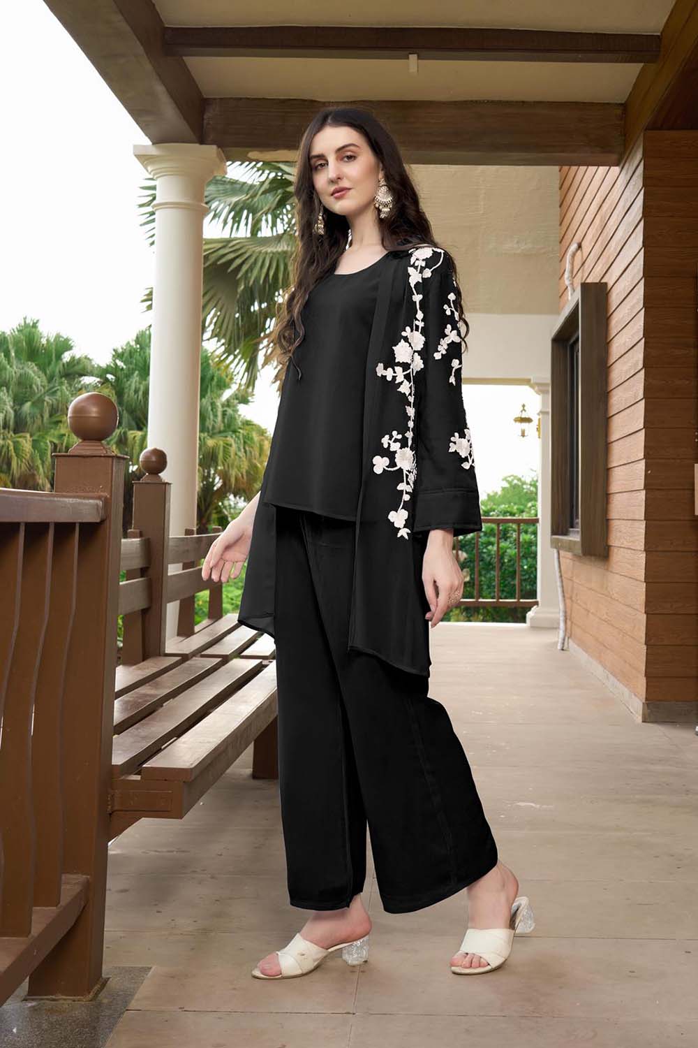 Black Hand Embroidery Art Silk Jacket Styles Kurti