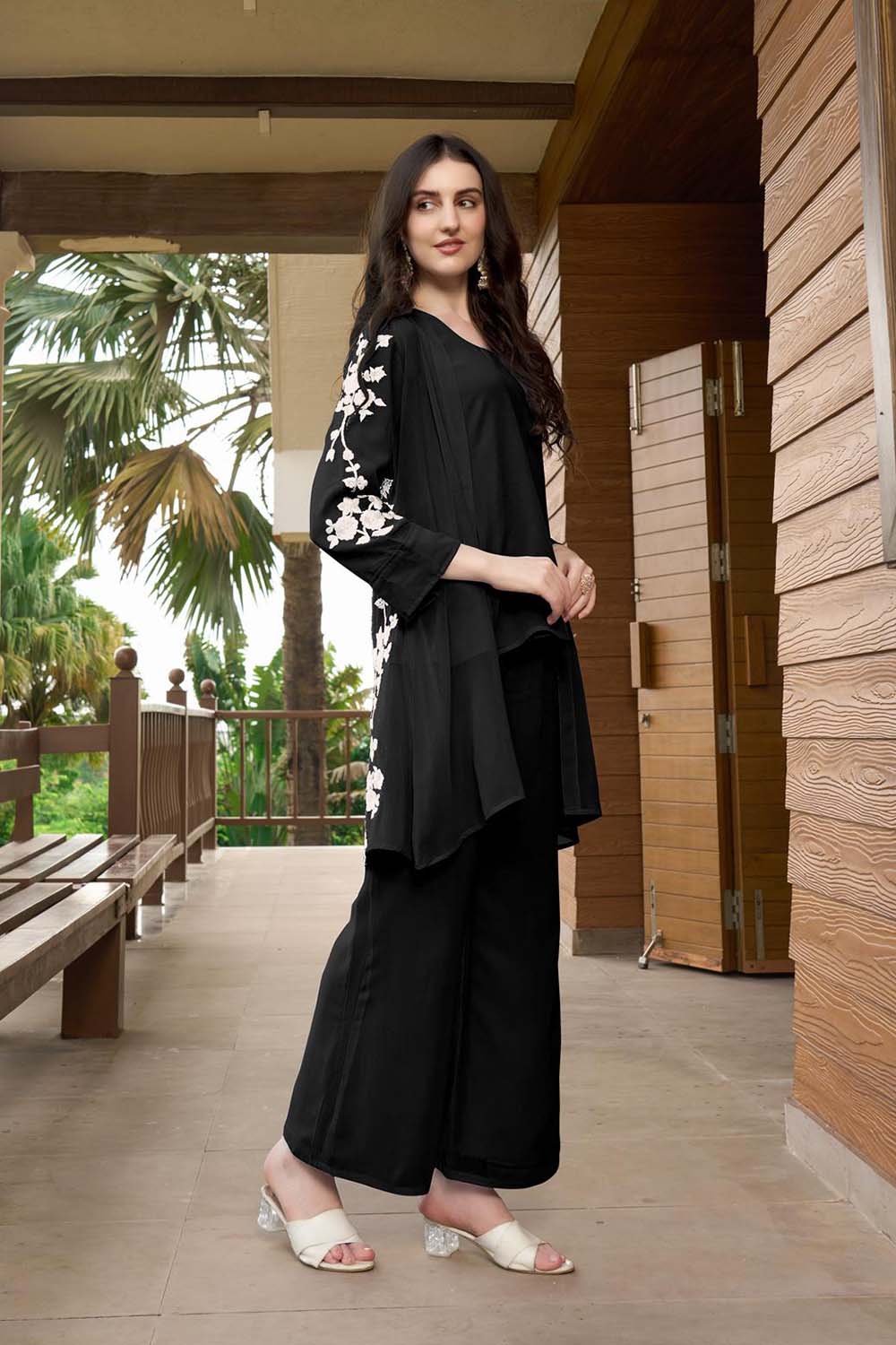 Black Hand Embroidery Art Silk Jacket Styles Kurta