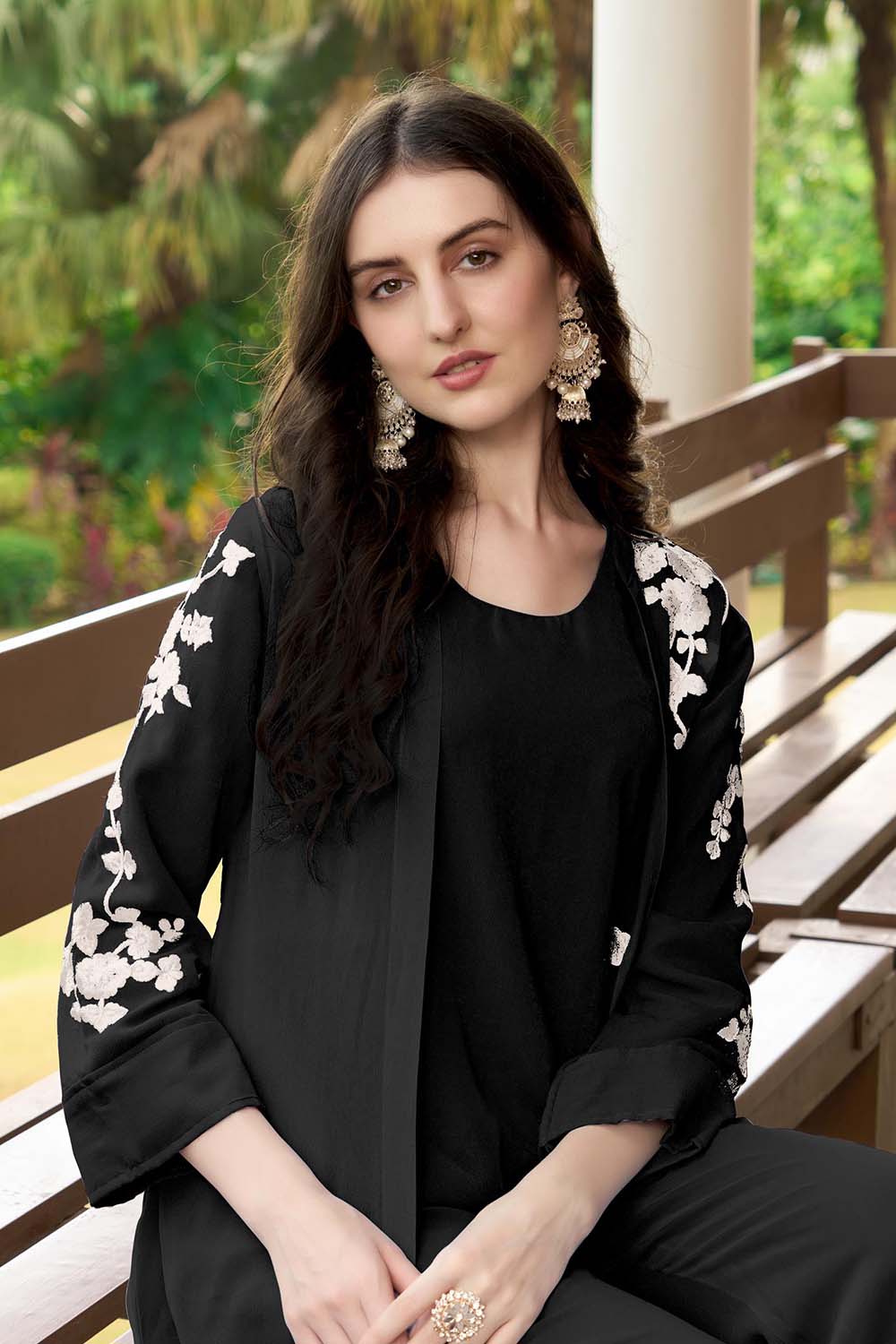 Black Hand Embroidery Art Silk Jacket Styles Kurta