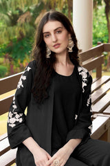 Black Hand Embroidery Art Silk Jacket Styles Kurti