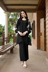 Black Hand Embroidery Art Silk Jacket Styles Culottes Kurta Set