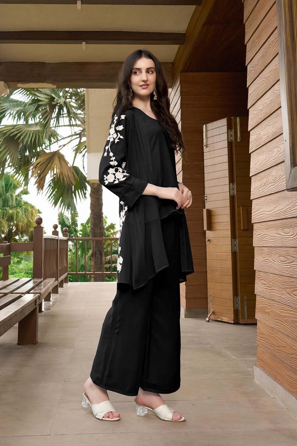 Black Hand Embroidery Art Silk Jacket Styles Culottes Kurta Set