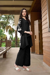 Black Hand Embroidery Art Silk Jacket Styles Culottes Kurti Set