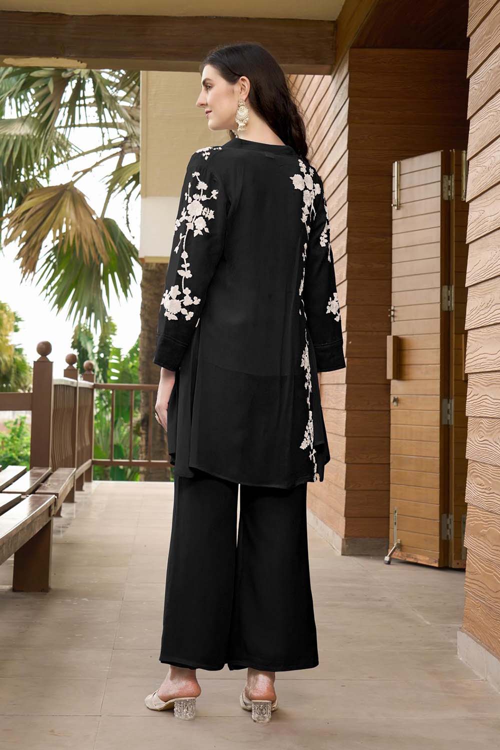 Black Hand Embroidery Art Silk Jacket Styles Culottes Kurta Set