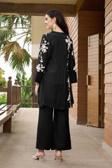 Black Hand Embroidery Art Silk Jacket Styles Culottes Kurti Set