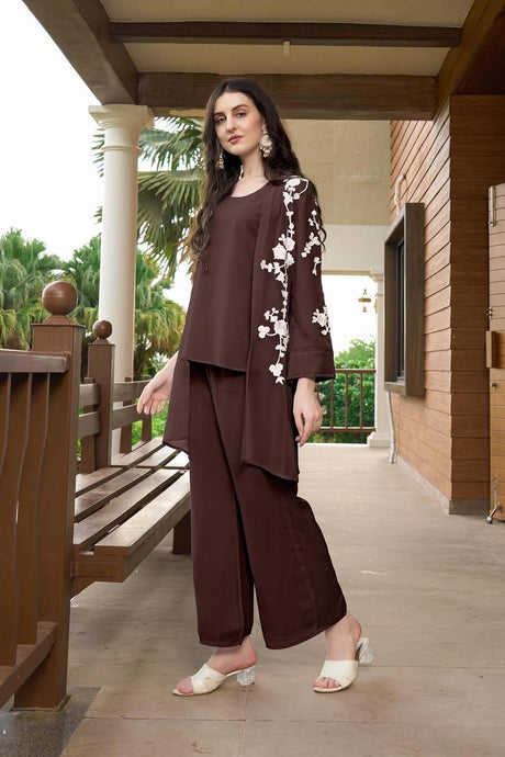 Brown Hand Embroidery Art Silk Jacket Styles Kurti