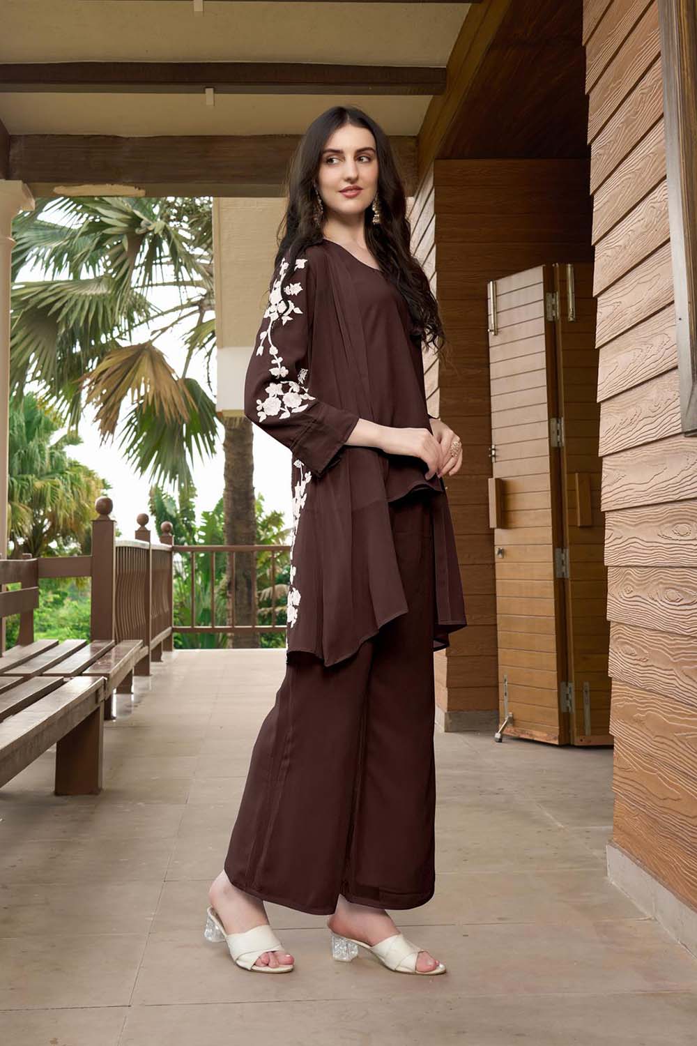 Brown Hand Embroidery Art Silk Jacket Styles Kurta