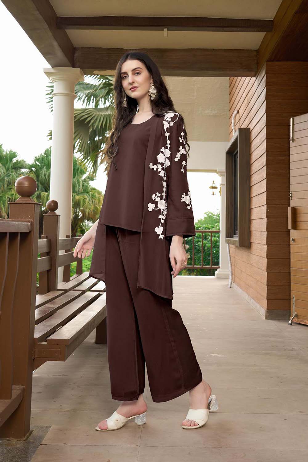 Brown Hand Embroidery Art Silk Jacket Styles Culottes Kurti Set