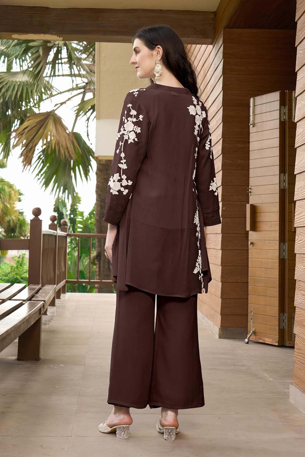 Hand Embroidery Art Silk Jacket Styles Culottes Kurti Set