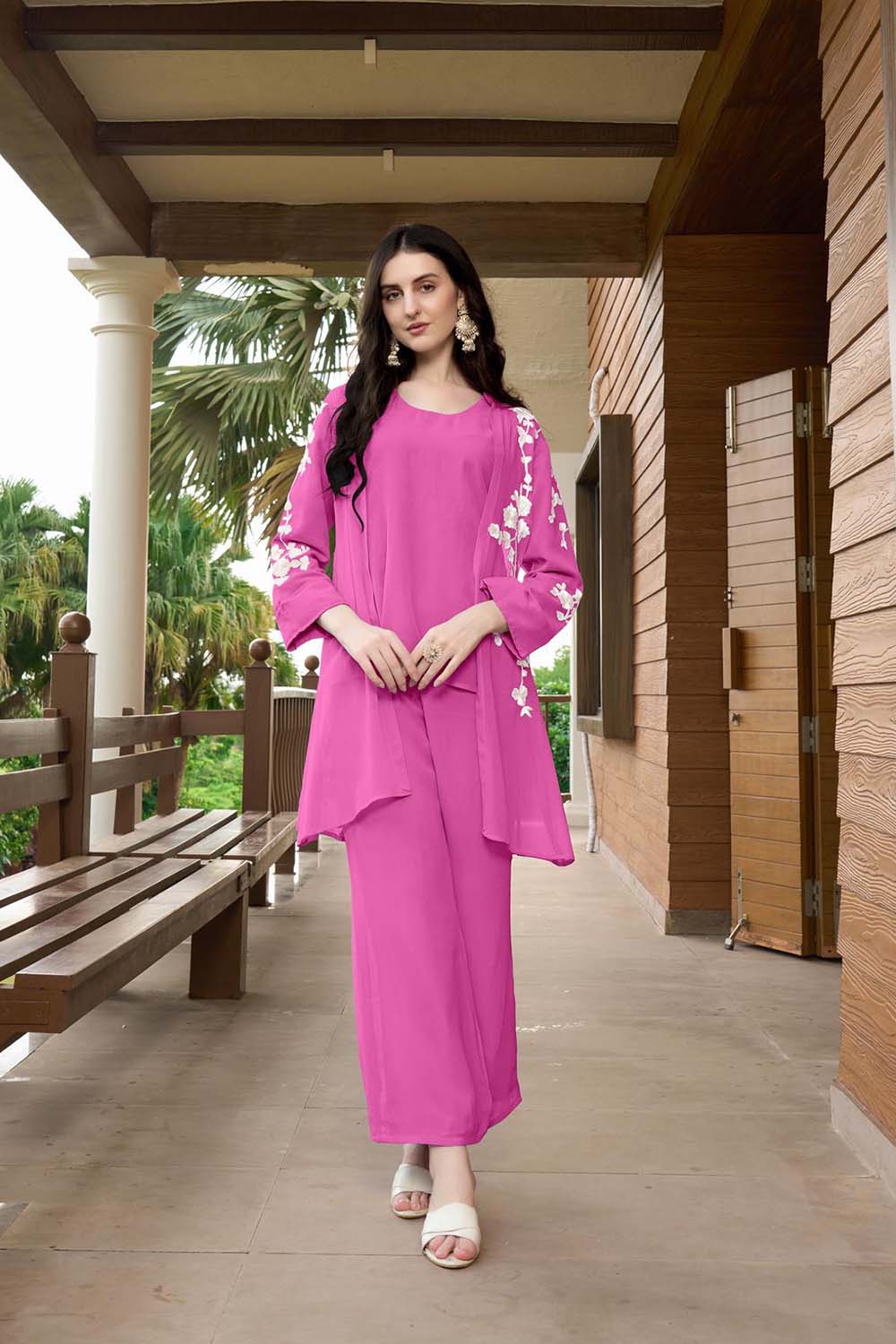 Pink Hand Embroidery Art Silk Jacket Styles Kurti