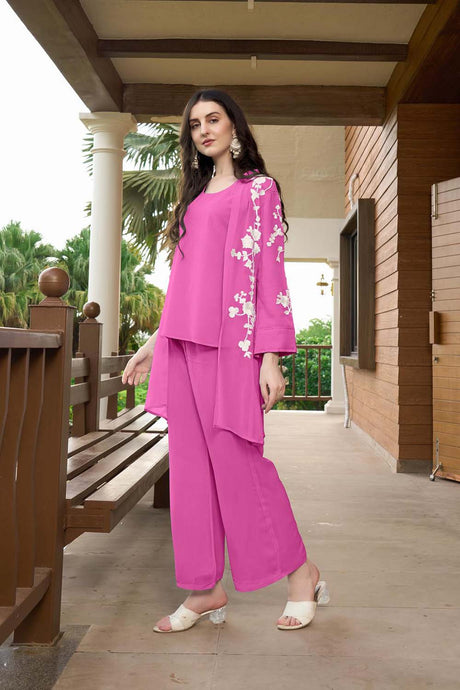 Pink Hand Embroidery Art Silk Jacket Styles Kurta