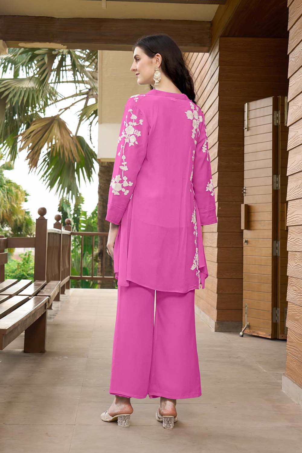 Pink Hand Embroidery Art Silk Jacket Styles Kurta