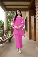 Pink Hand Embroidery Art Silk Jacket Styles Culottes Kurta Set