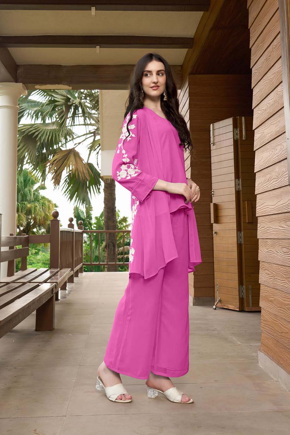 Pink Hand Embroidery Art Silk Jacket Styles Culottes Kurti Set