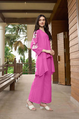 Pink Hand Embroidery Art Silk Jacket Styles Culottes Kurta Set