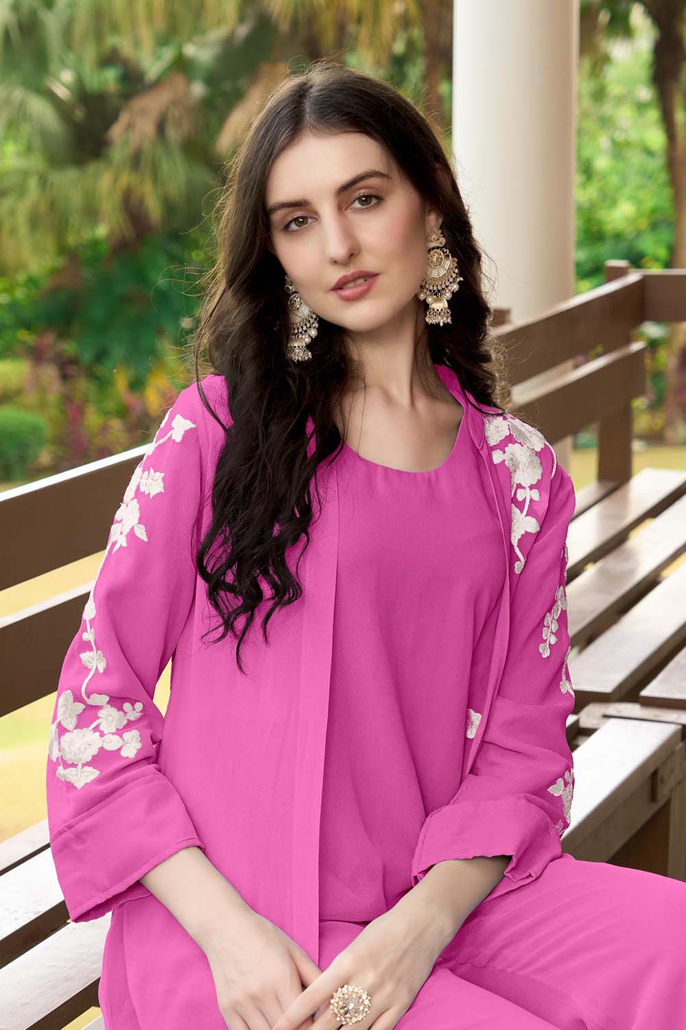 Pink Hand Embroidery Art Silk Jacket Styles Culottes Kurta Set