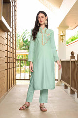 Light Green Hand Embroidery Art Silk Straight Cut Kurta