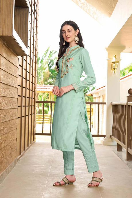 Light Green Hand Embroidery Art Silk Straight Cut Kurta