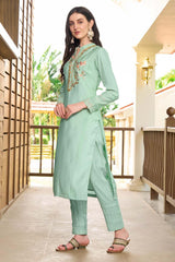 Light Green Hand Embroidery Art Silk Straight Cut Pants Kurti Set