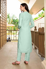 Light Green Hand Embroidery Art Silk Straight Cut Pants Kurta Set