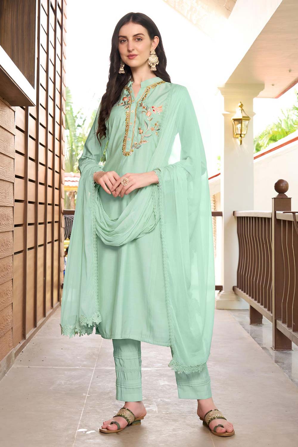 Green Art Silk Embroidered Trouser Suit Set