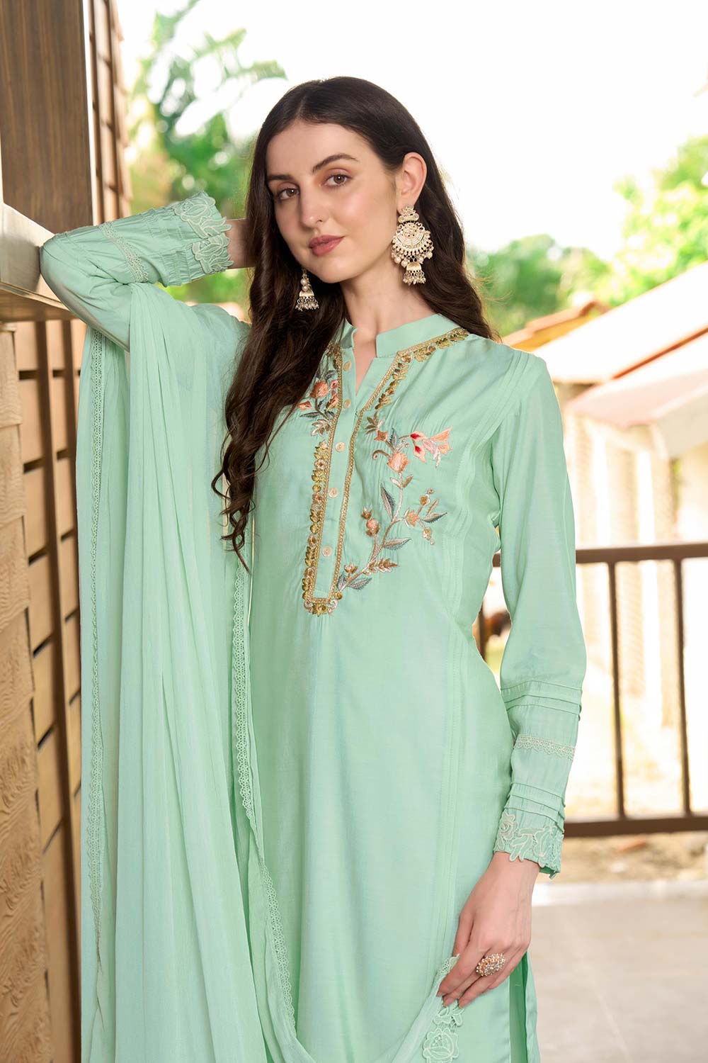 Green Art Silk Embroidered Trouser Suit Set