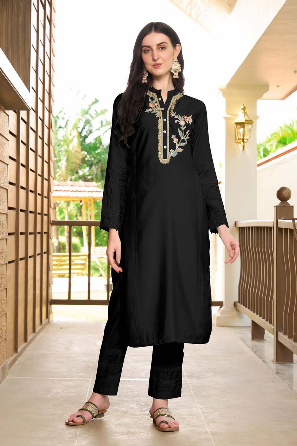 Black Hand Embroidery Art Silk Straight Cut Kurta