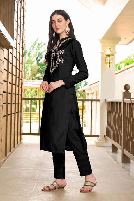 Black Hand Embroidery Art Silk Straight Cut Kurta