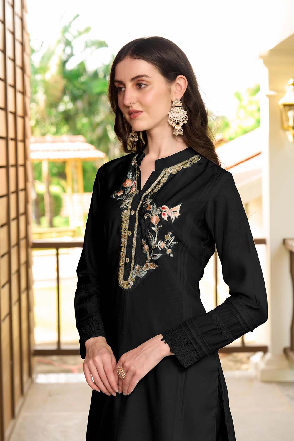 Black Hand Embroidery Art Silk Straight Cut Kurta