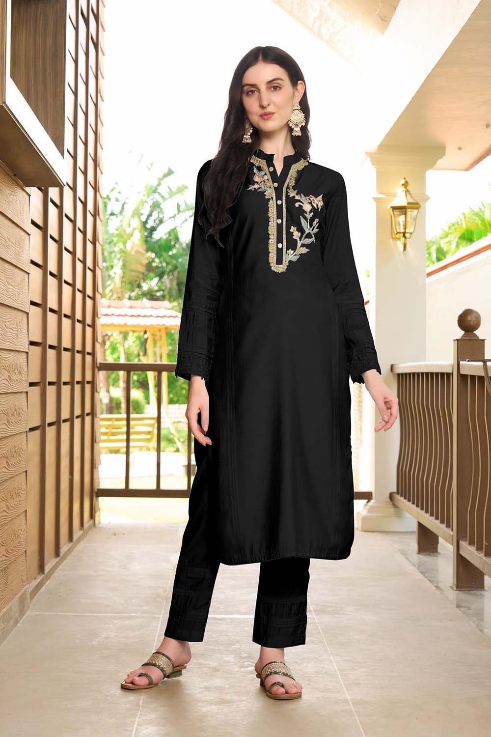 Black Hand Embroidery Art Silk Straight Cut Pants Kurta Set