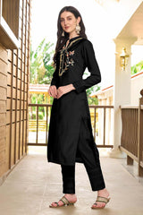 Black Hand Embroidery Art Silk Straight Cut Pants Kurta Set