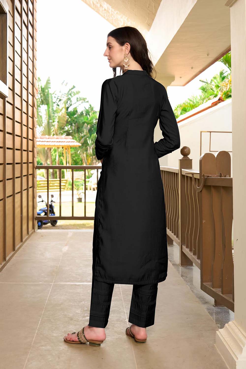 Black Hand Embroidery Art Silk Straight Cut Pants Kurta Set