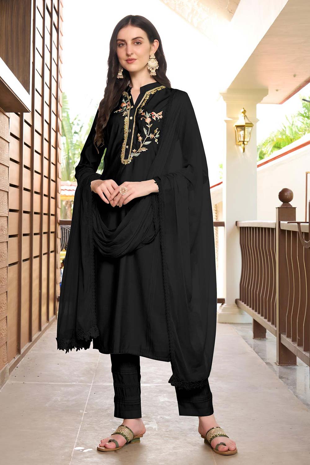 Black Art Silk Embroidered Trouser Suit Set