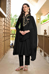 Black Art Silk Embroidered Trouser Suit Set