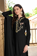 Black Art Silk Embroidered Trouser Suit Set