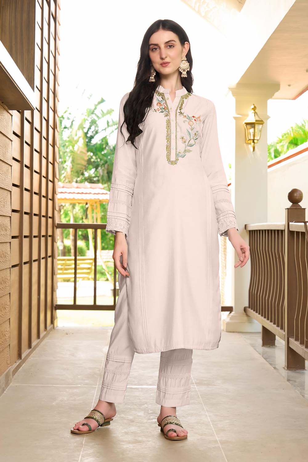 Off White Hand Embroidery Art Silk Straight Cut Kurti