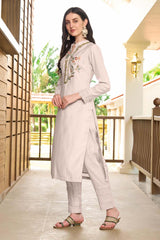 Off White Hand Embroidery Art Silk Straight Cut Kurta