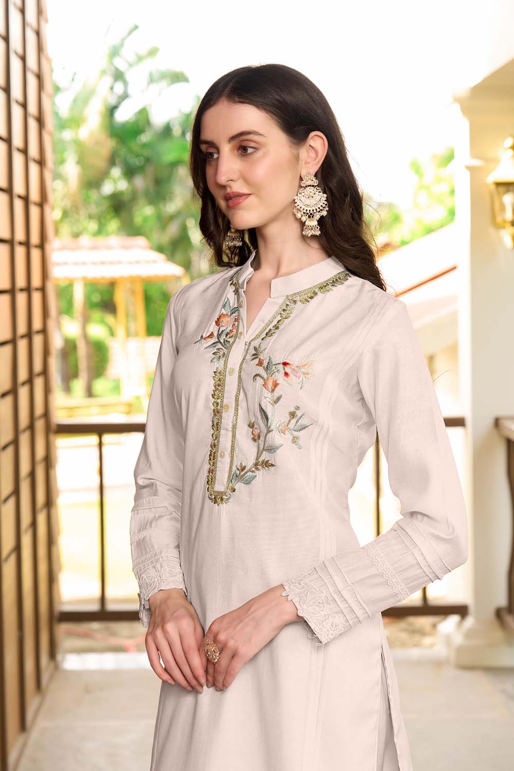 Off White Hand Embroidery Art Silk Straight Cut Kurti