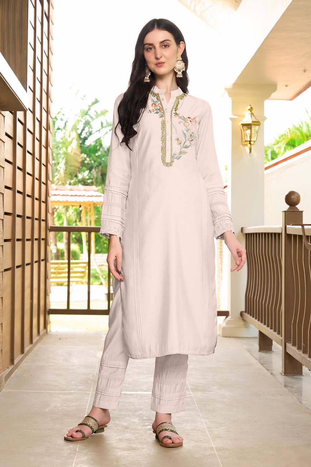 Off White Hand Embroidery Art Silk Straight Cut Pants Kurta Set