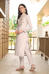 Off White Hand Embroidery Art Silk Straight Cut Pants Kurta Set